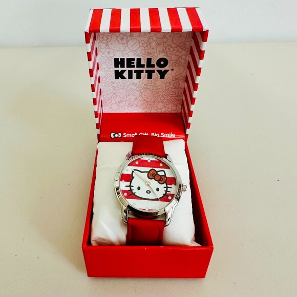 SANRIO HELLO KITTY RED AND WHITE STRIPES FACE WATCH 35MM - Picture 1 of 4